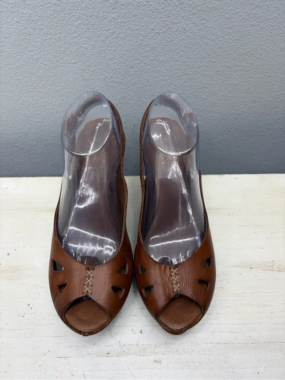 Kork-Ease Brown Leather Felicia Peep Toe Wedge Sandals Size 8